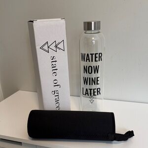 Clear Glass Water Bottle - 'Water Now Wine Later' - Silver Cap
